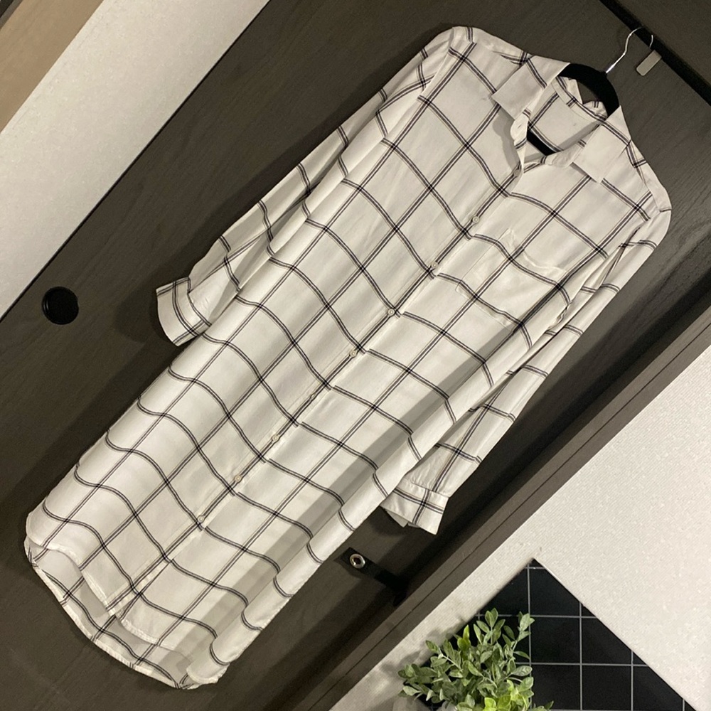 Long Sleeve White Button-Up Flannel Shirt Dress